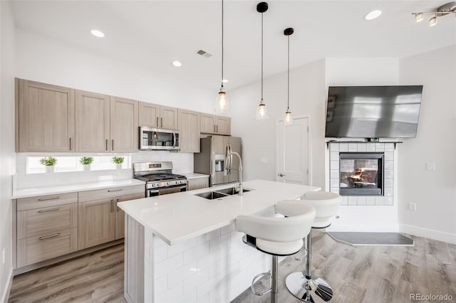 2922 W 26th Ave Unit 1, Denver, CO 80211 - kitchen with stainless steel appliances, light wood finished floors, light countertops, tasteful backsplash, and an island with sink