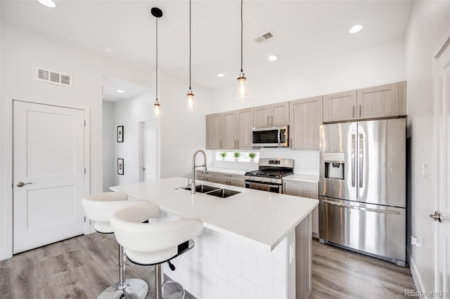 2922 W 26th Ave Unit 1, Denver, CO 80211 - kitchen with appliances with stainless steel finishes, decorative backsplash, light wood-style flooring, light countertops, and a kitchen island with sink