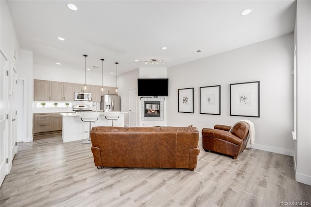 2922 W 26th Ave Unit 1, Denver, CO 80211 - living area with light wood-style floors, recessed lighting, and a glass covered fireplace