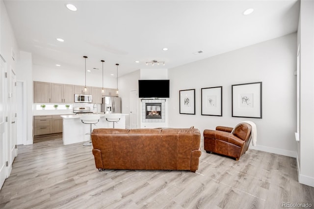 2922 W 26th Ave Unit 1, Denver, CO 80211 - living area featuring recessed lighting, light wood-style flooring, and a glass covered fireplace