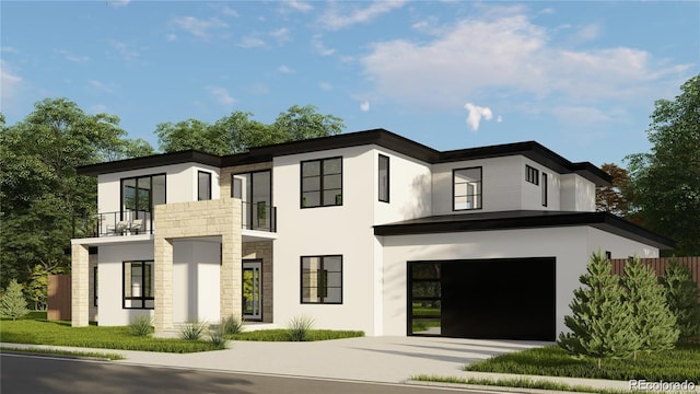 contemporary home featuring a garage and a balcony