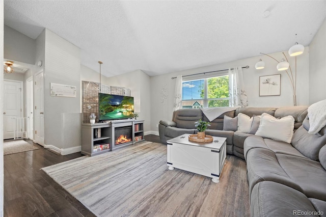 3965 S Fundy Cir, Aurora, CO 80013 - living area featuring wood finished floors, a textured ceiling, a glass covered fireplace, and vaulted ceiling