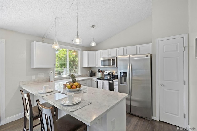 3965 S Fundy Cir, Aurora, CO 80013 - kitchen featuring stainless steel appliances, white cabinets, a textured ceiling, dark wood-style floors, and vaulted ceiling