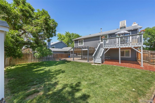 3965 S Fundy Cir, Aurora, CO 80013 - back of property featuring a wooden deck, a fenced backyard, stairway, and a pergola