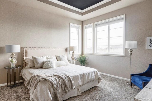 bedroom with a raised ceiling, ornamental molding, and carpet flooring