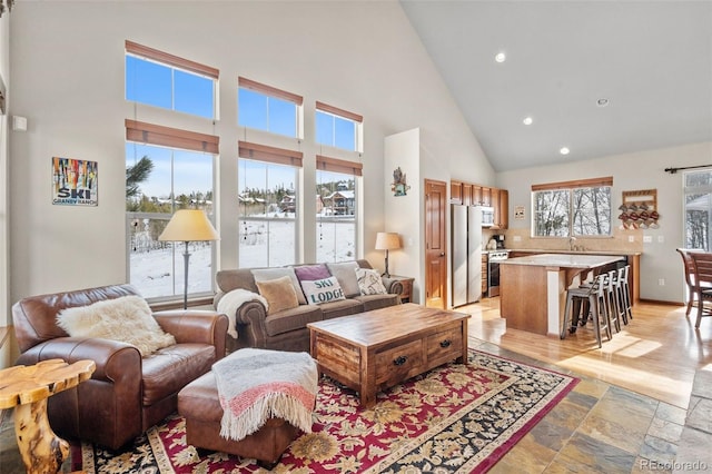 living room featuring light hardwood / wood-style floors, high vaulted ceiling, a healthy amount of sunlight, and sink