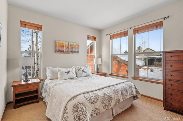 carpeted bedroom featuring multiple windows