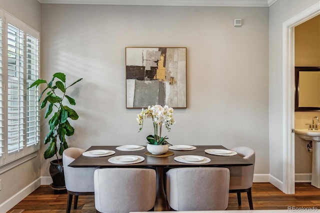 dining space with sink, dark hardwood / wood-style flooring, and crown molding