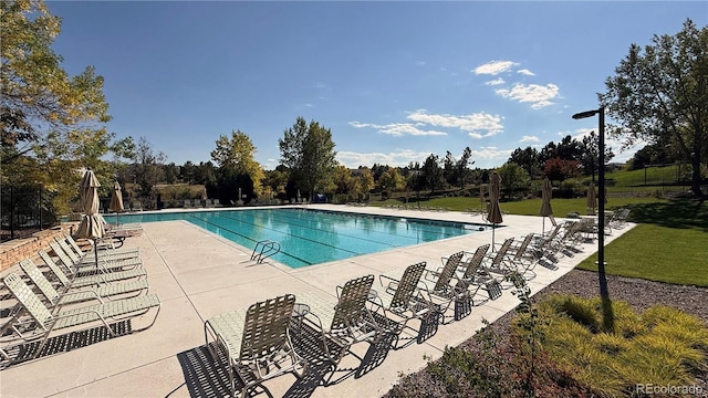 view of swimming pool featuring a patio area