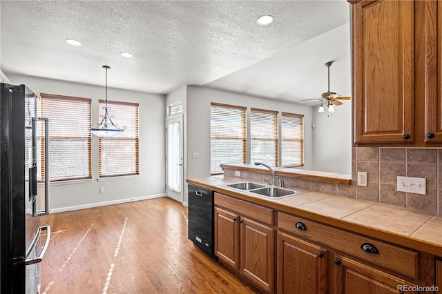 kitchen featuring sink, wood-type flooring, tile counters, black dishwasher, and backsplash