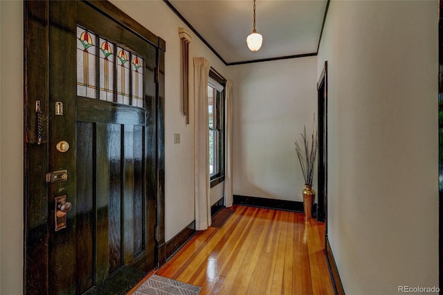 114 Cave Ave, Manitou Springs, CO 80829 - entrance foyer with hardwood / wood-style floors, baseboards, and crown molding
