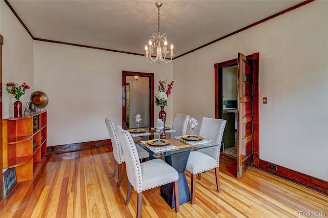 114 Cave Ave, Manitou Springs, CO 80829 - dining area with ornamental molding, baseboards, a chandelier, and wood finished floors