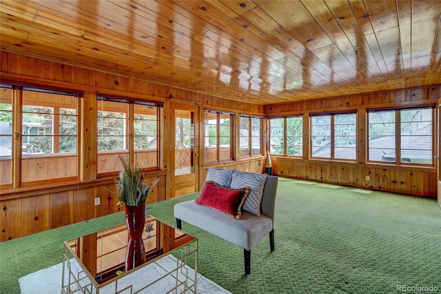 114 Cave Ave, Manitou Springs, CO 80829 - sunroom with carpet flooring, wooden ceiling, and wooden walls