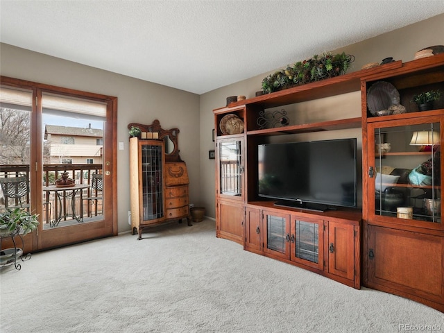 living area with a textured ceiling and carpet floors