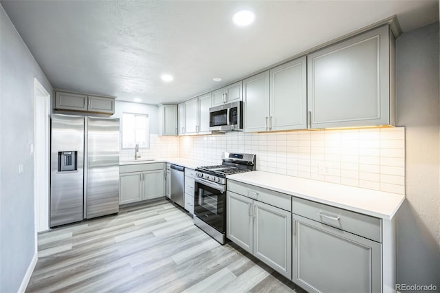 kitchen featuring a sink, stainless steel appliances, tasteful backsplash, and gray cabinets