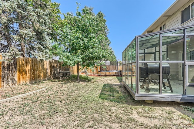 view of yard with a sunroom and a trampoline