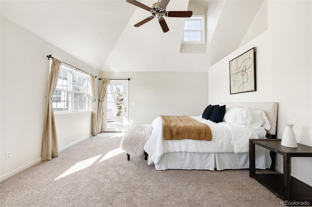 bedroom featuring access to exterior, baseboards, carpet, high vaulted ceiling, and a ceiling fan