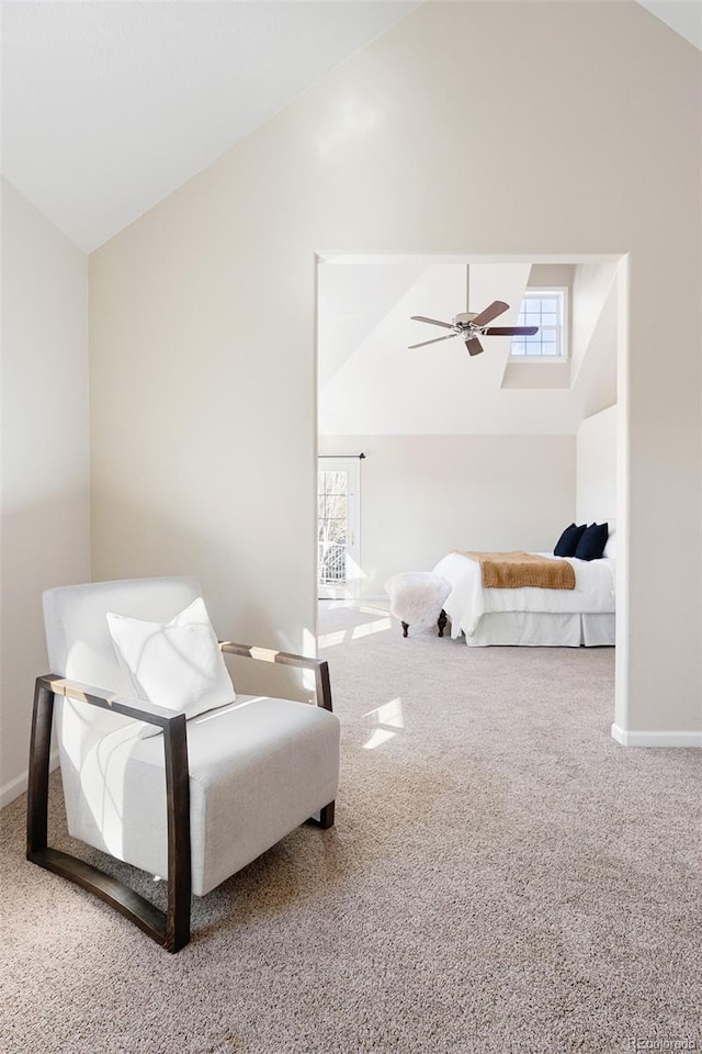 bedroom with carpet flooring, ceiling fan, high vaulted ceiling, and baseboards