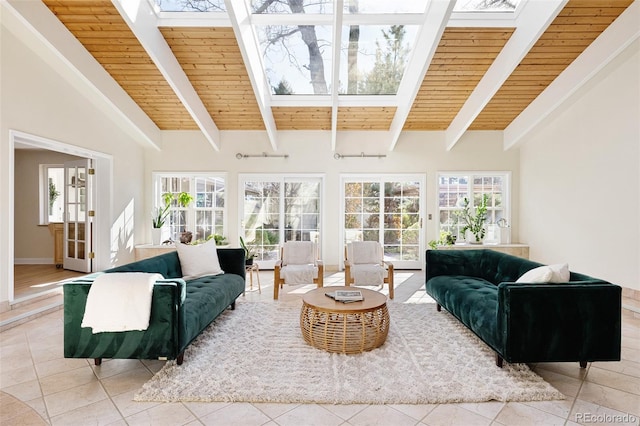 tiled living area featuring lofted ceiling with skylight and wooden ceiling