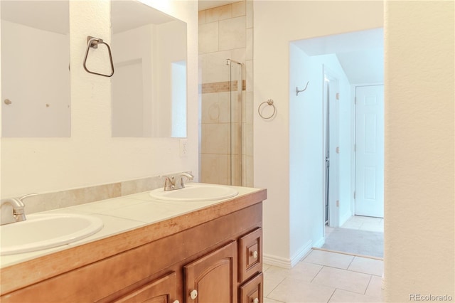 4368 Benton St, Denver, CO 80212 - bathroom featuring tile patterned flooring, double vanity, and tiled shower