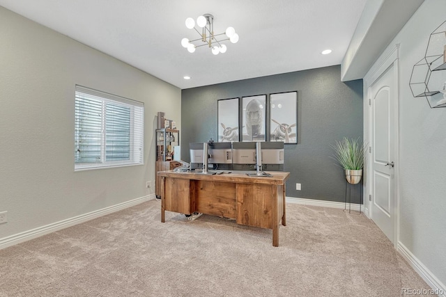 6738 Esmeralda Dr, Castle Rock, CO 80108 - office area with a chandelier, light carpet, baseboards, and recessed lighting
