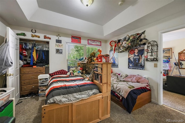 5720 County Road 64 # A102, Bailey, CO 80421 - bedroom featuring carpet flooring, a tray ceiling, and a closet