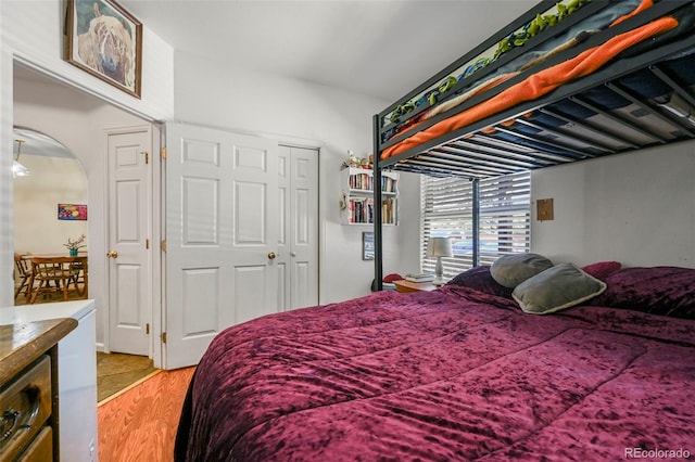 5720 County Road 64 # A102, Bailey, CO 80421 - bedroom with light wood finished floors, a closet, and arched walkways