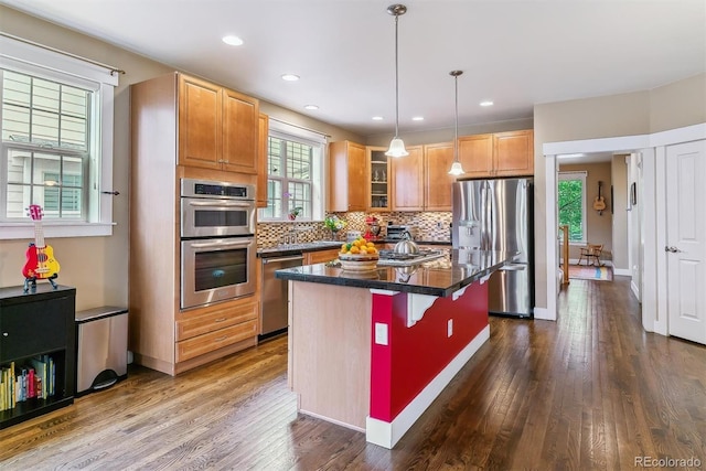 1160 S Sherman St, Denver, CO 80210 - kitchen featuring appliances with stainless steel finishes, plenty of natural light, decorative backsplash, dark wood-style floors, and recessed lighting