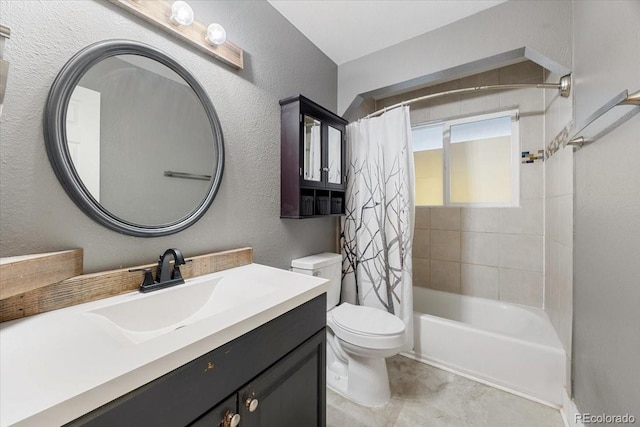 2121 Carmel Dr, Colorado Springs, CO 80910 - bathroom featuring shower / tub combo, toilet, vanity, and a textured wall