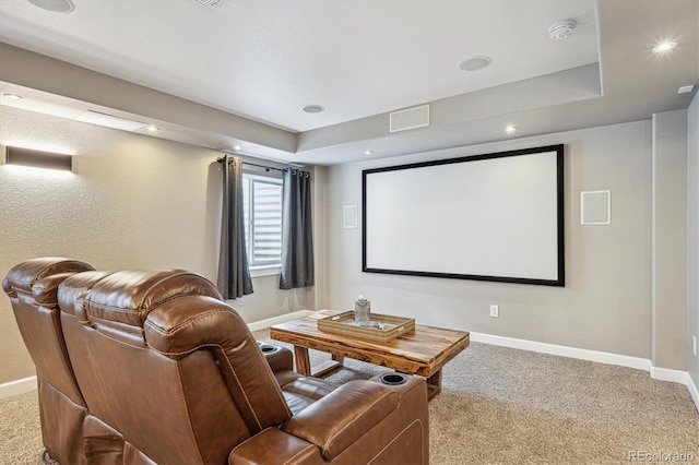 carpeted home theater featuring recessed lighting and baseboards