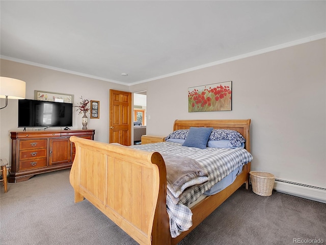 bedroom featuring light colored carpet, baseboard heating, and ornamental molding