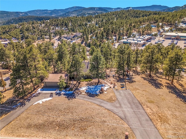 drone / aerial view featuring a mountain view and a view of trees