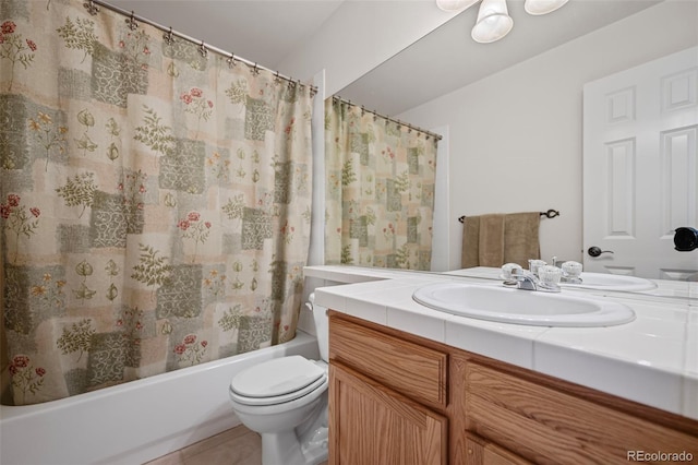 6615 Annanhill Pl, Colorado Springs, CO 80922 - full bathroom featuring vanity, shower / tub combo with curtain, and tile patterned floors