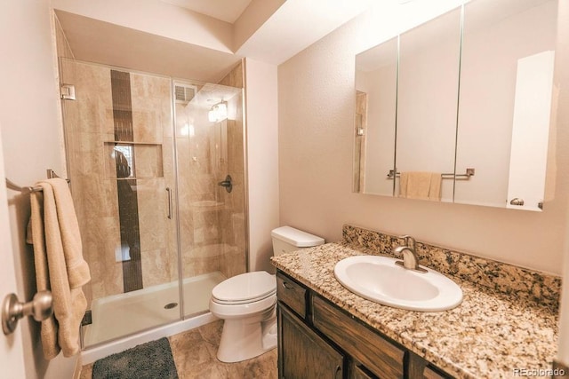 full bathroom with visible vents, a stall shower, vanity, and toilet