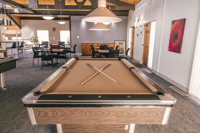 rec room featuring visible vents, pool table, carpet, and beam ceiling