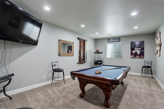 recreation room featuring recessed lighting, light colored carpet, billiards, and baseboards