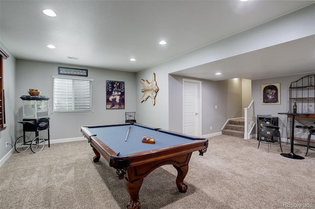 playroom with carpet floors, billiards, baseboards, and recessed lighting