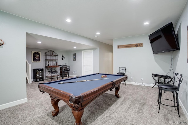 playroom with a dry bar, baseboards, pool table, carpet, and recessed lighting