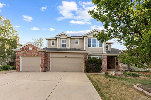 9453 Lark Sparrow Dr, Highlands Ranch, CO 80126 - view of front facade featuring brick siding, concrete driveway, a front yard, an attached garage, and a shingled roof