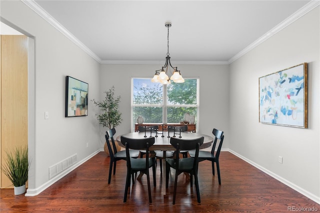 9453 Lark Sparrow Dr, Highlands Ranch, CO 80126 - dining room with ornamental molding, a chandelier, baseboards, and dark wood-style floors