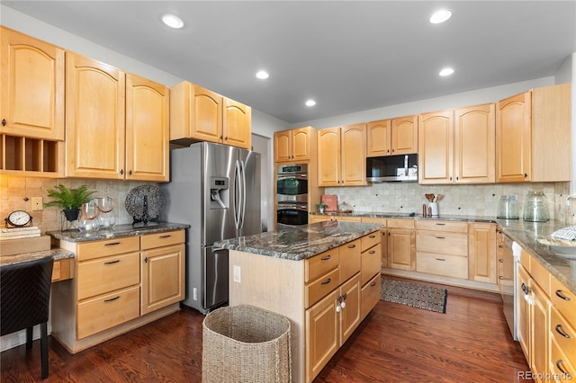 9453 Lark Sparrow Dr, Highlands Ranch, CO 80126 - kitchen featuring stainless steel appliances, light brown cabinetry, backsplash, and recessed lighting