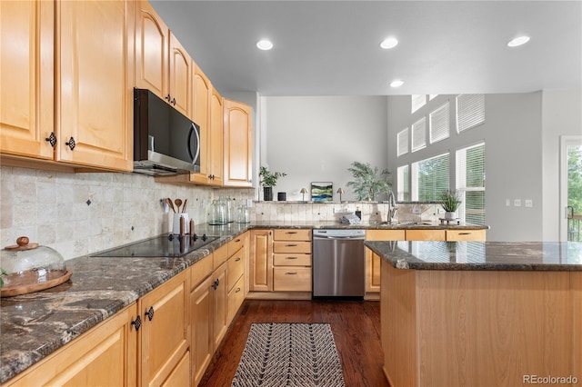 9453 Lark Sparrow Dr, Highlands Ranch, CO 80126 - kitchen featuring stainless steel appliances, light brown cabinetry, dark wood-type flooring, plenty of natural light, and recessed lighting