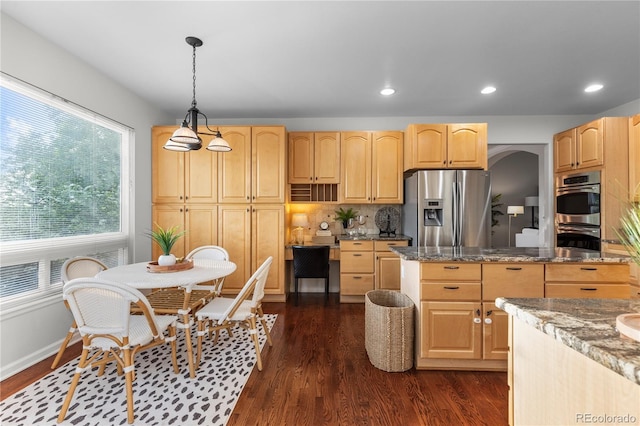 9453 Lark Sparrow Dr, Highlands Ranch, CO 80126 - kitchen with stainless steel appliances, light brown cabinetry, dark wood-style flooring, and recessed lighting