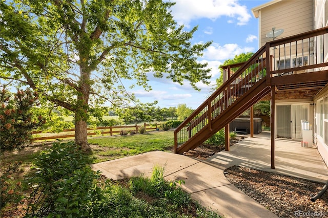 9453 Lark Sparrow Dr, Highlands Ranch, CO 80126 - view of grassy yard with stairway, a patio area, and a deck