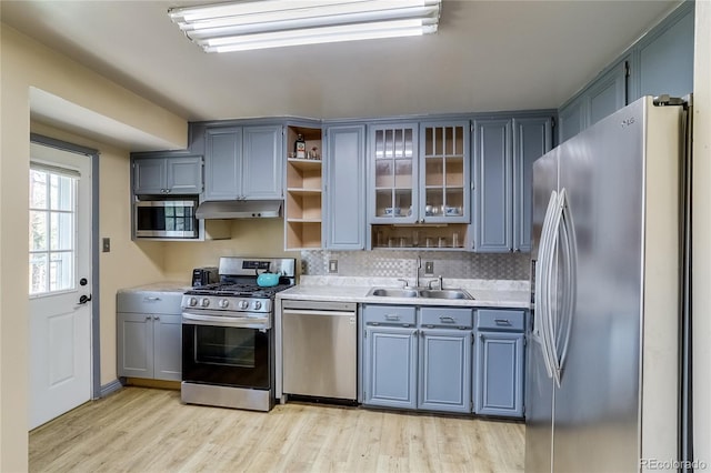 1881 E 95th Ave, Thornton, CO 80229 - kitchen with open shelves, a sink, light countertops, under cabinet range hood, and stainless steel appliances