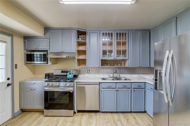 1881 E 95th Ave, Thornton, CO 80229 - kitchen featuring appliances with stainless steel finishes, a sink, light wood-style floors, gray cabinets, and under cabinet range hood