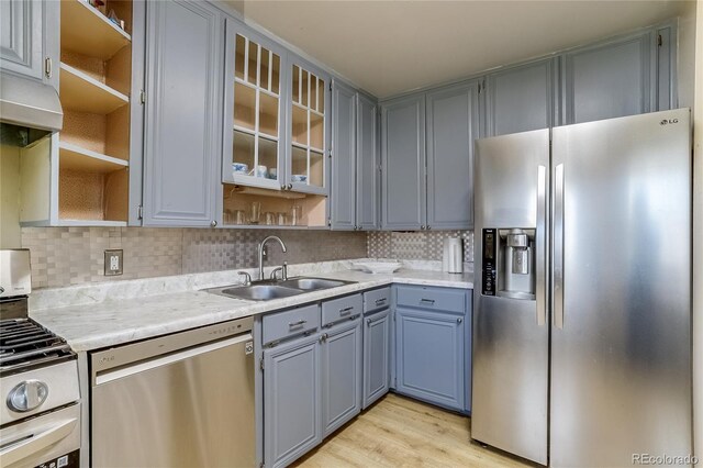 1881 E 95th Ave, Thornton, CO 80229 - kitchen with a sink, appliances with stainless steel finishes, open shelves, and gray cabinetry