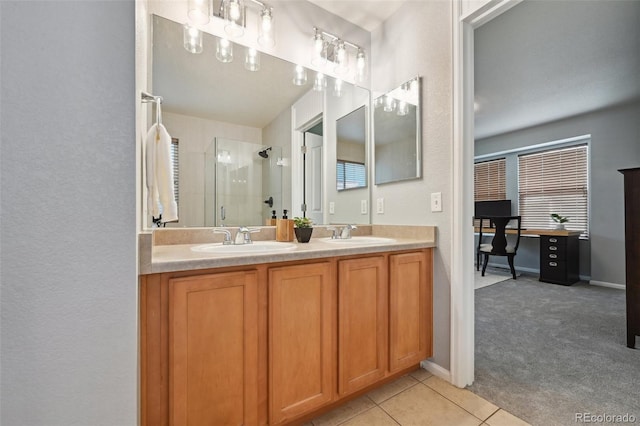 2813 Central Park Blvd, Denver, CO 80238 - full bath featuring a stall shower, double vanity, tile patterned floors, and baseboards