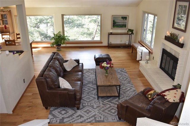 living room with a fireplace, baseboards, and wood finished floors