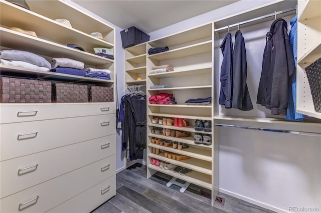 walk in closet with dark wood-style flooring